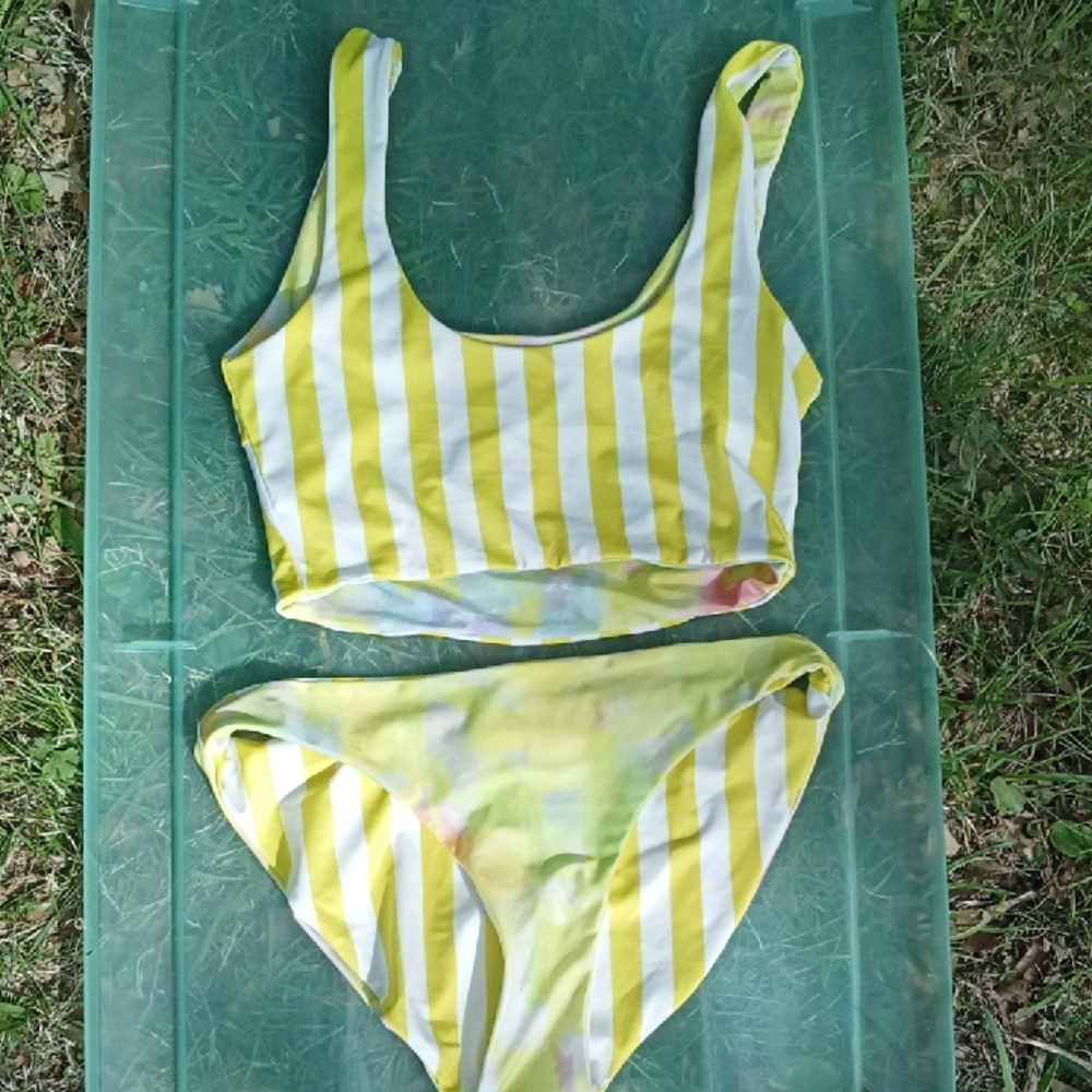 Reversible Yellow Striped/Tie-Dye Two Piece Swimsuit